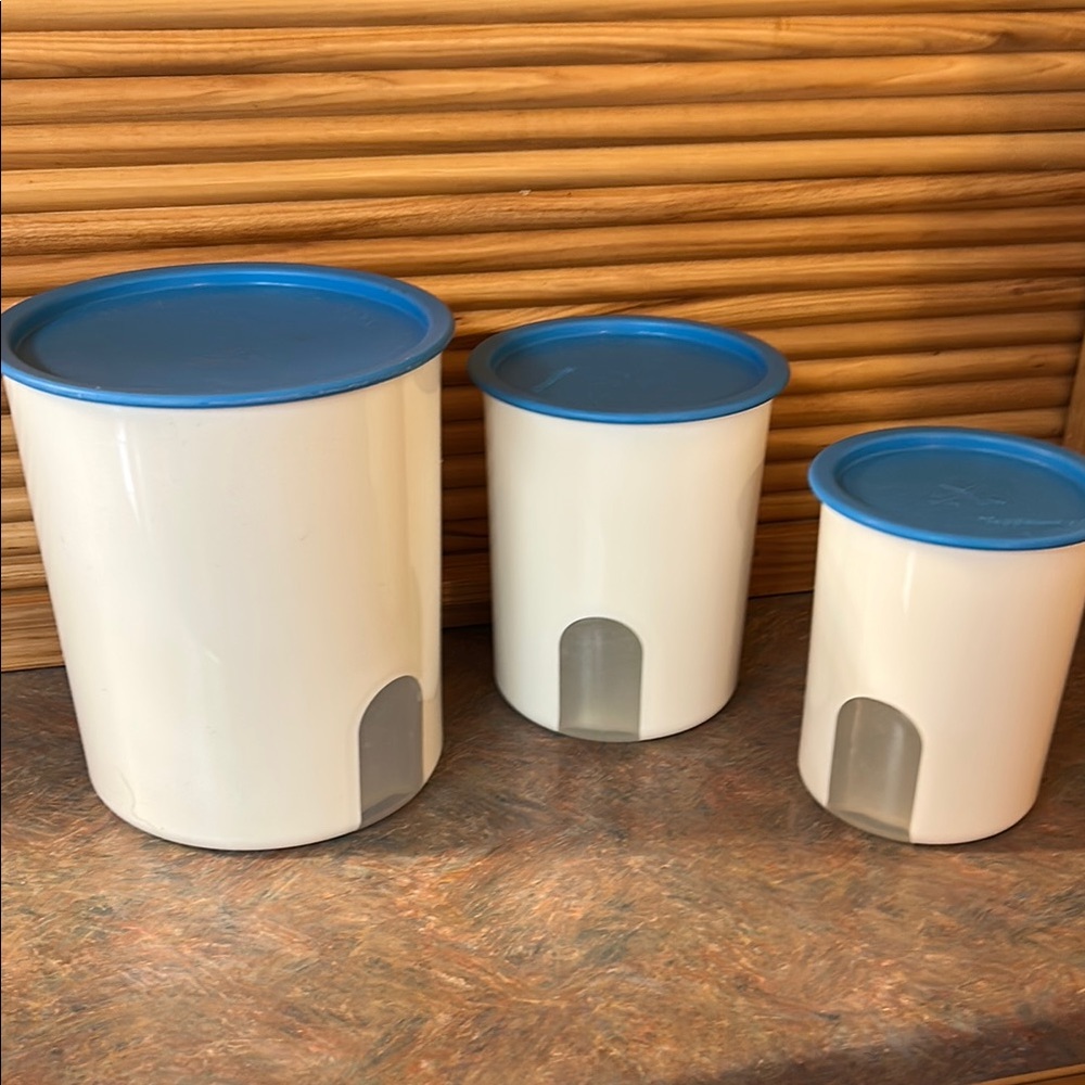 Tupperware Set of Three White and Blue Storage Canisters